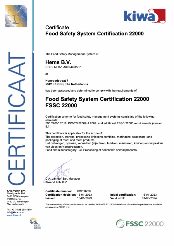 FSSC 22000 certificaat Kiwa VERIN - Hems B.V. 01-05-24